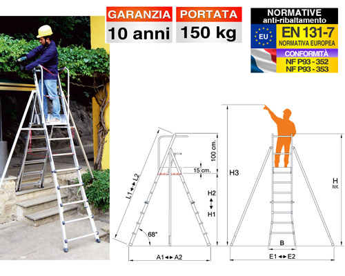 Scala in alluminio a norma antiribaltamento