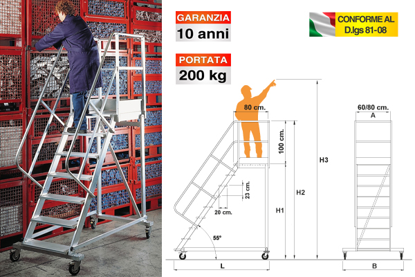Scala in alluminio con ruote e parapetto