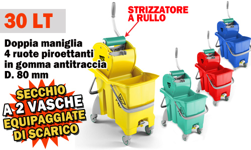 Carrelli strizzatore con secchio 30 Lt, strizzatore a rullo